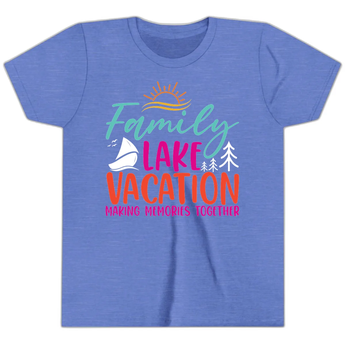 Family Lake Vacation Making Memories Youth T-Shirt in Heather Columbia Blue