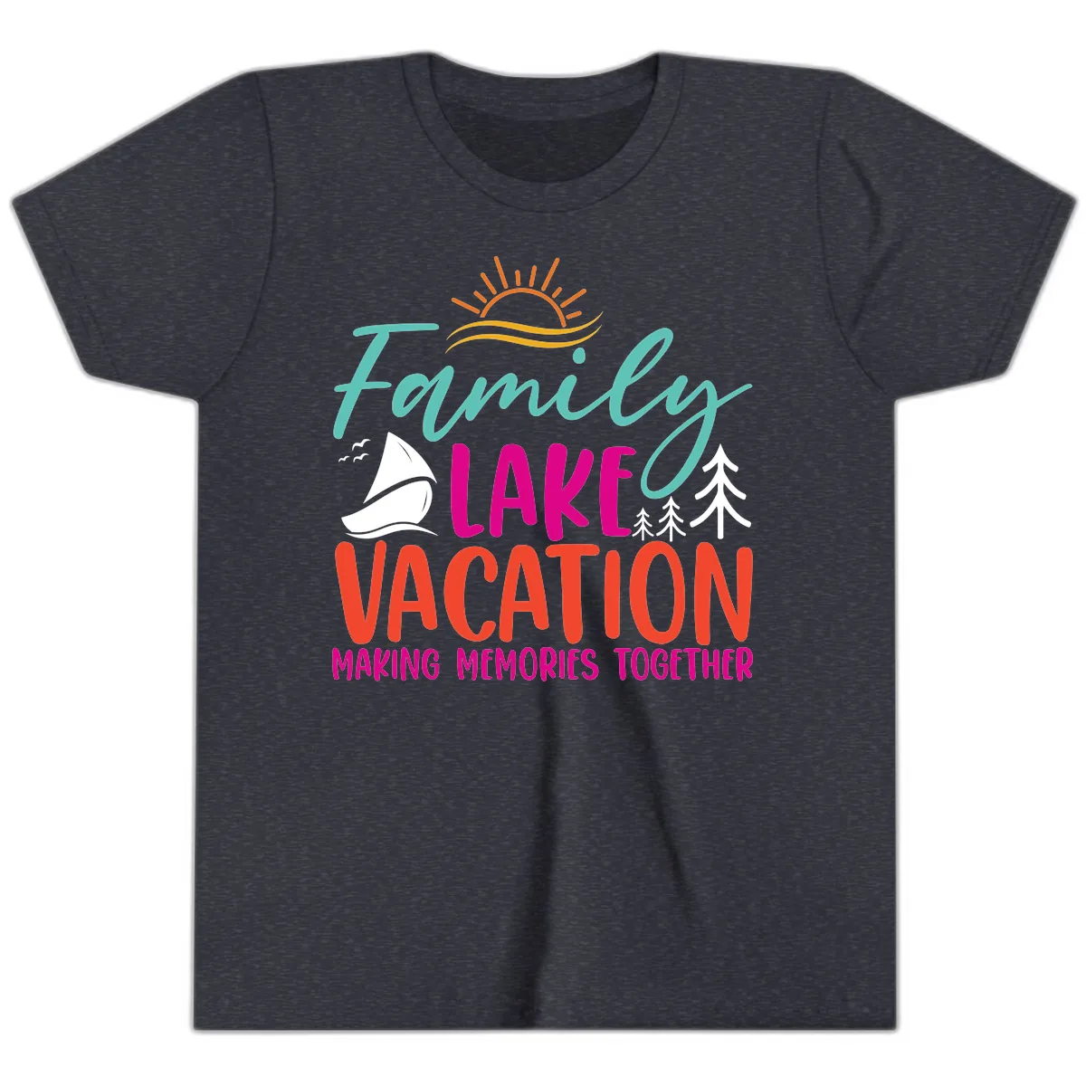 Family Lake Vacation Making Memories Youth T-Shirt in Heather Navy