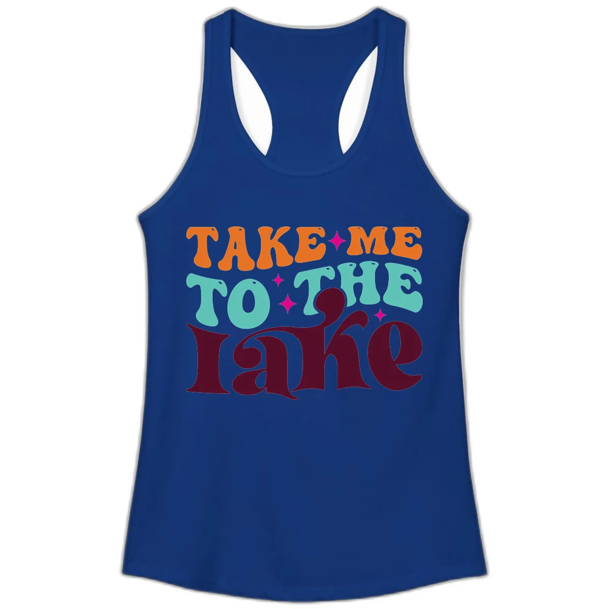 Take Me To The Lake Retro Typography Ladies Tank in Solid Royal