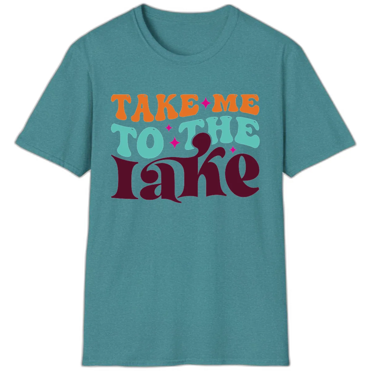 Take Me To The Lake Retro Typography T-Shirt in Heather Galapagos Blue