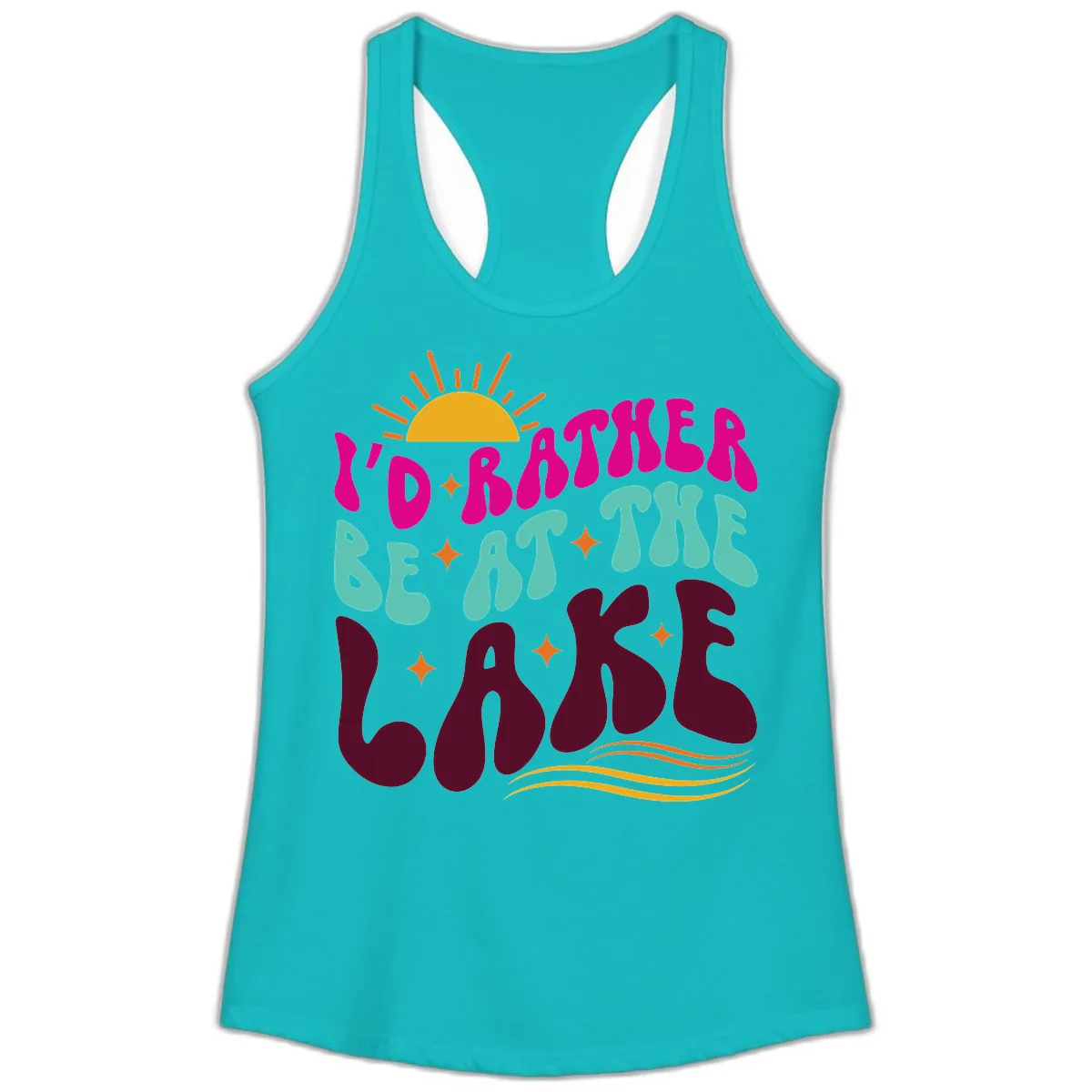 I'd Rather Be At The Lake Retro Design Ladies Tank in Tahiti Blue