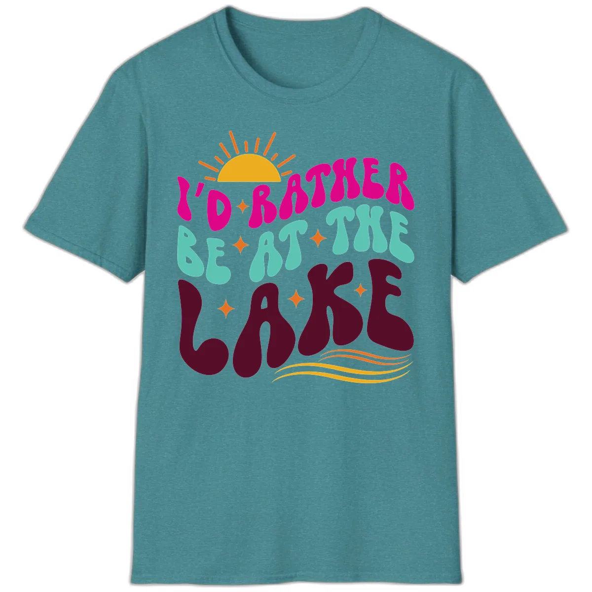 I'd Rather Be At The Lake Retro Design T-Shirt in Heather Galapagos Blue
