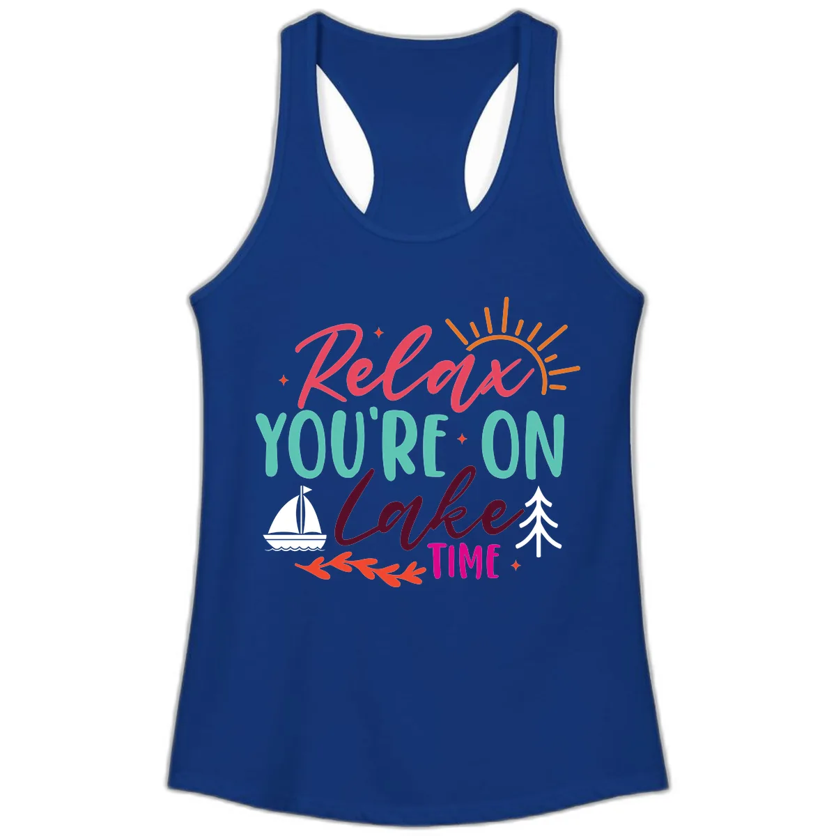 Relax You're On Lake Time Ladies Tank in Solid Royal