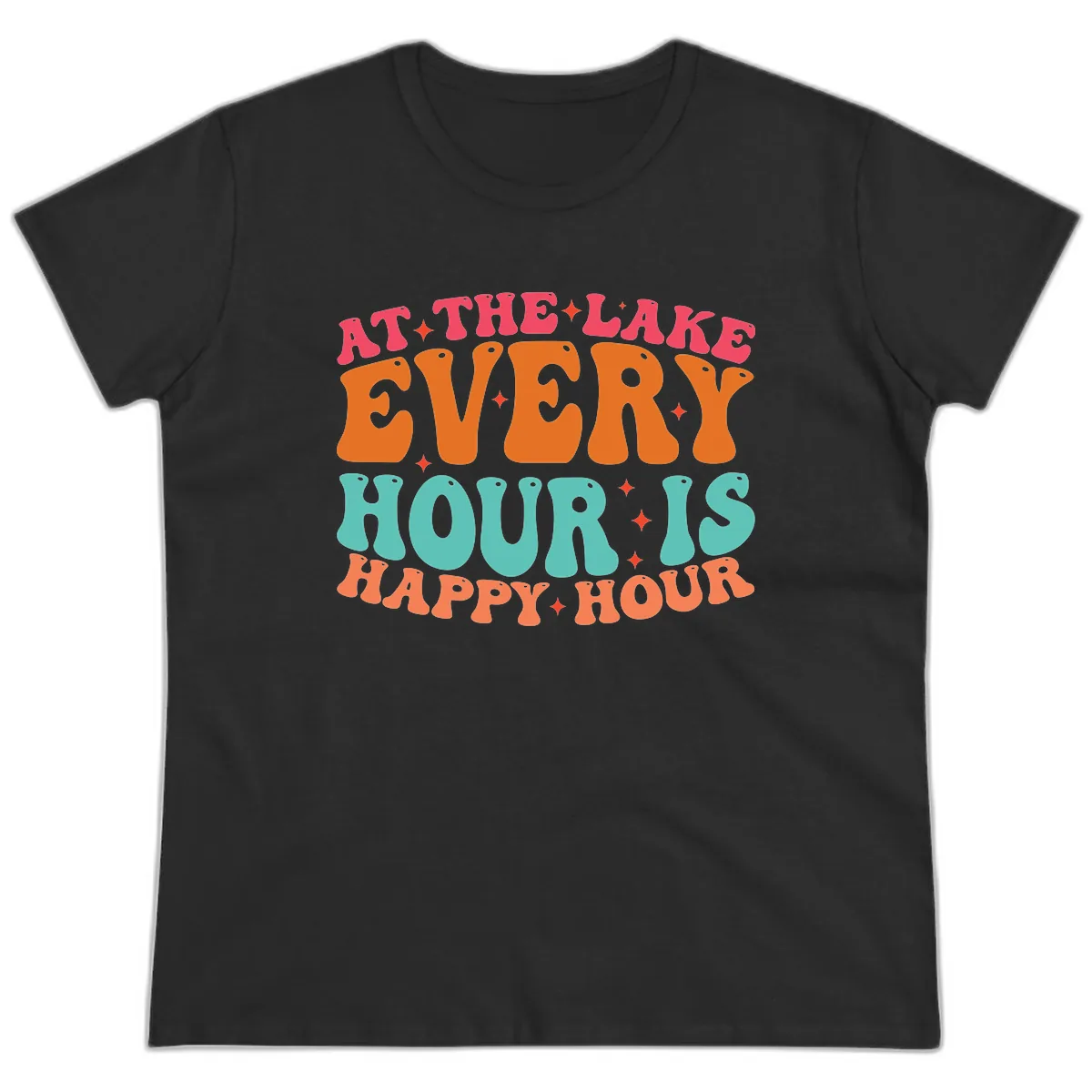 Every Hour Is Happy Hour Lake Design Ladies Tee in Black