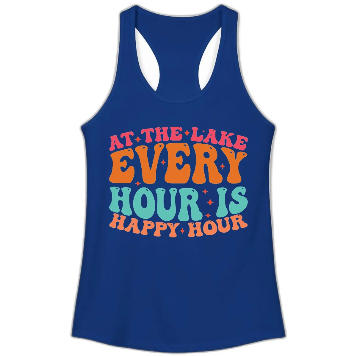 Every Hour Is Happy Hour Lake Design Ladies Tank in Solid Royal