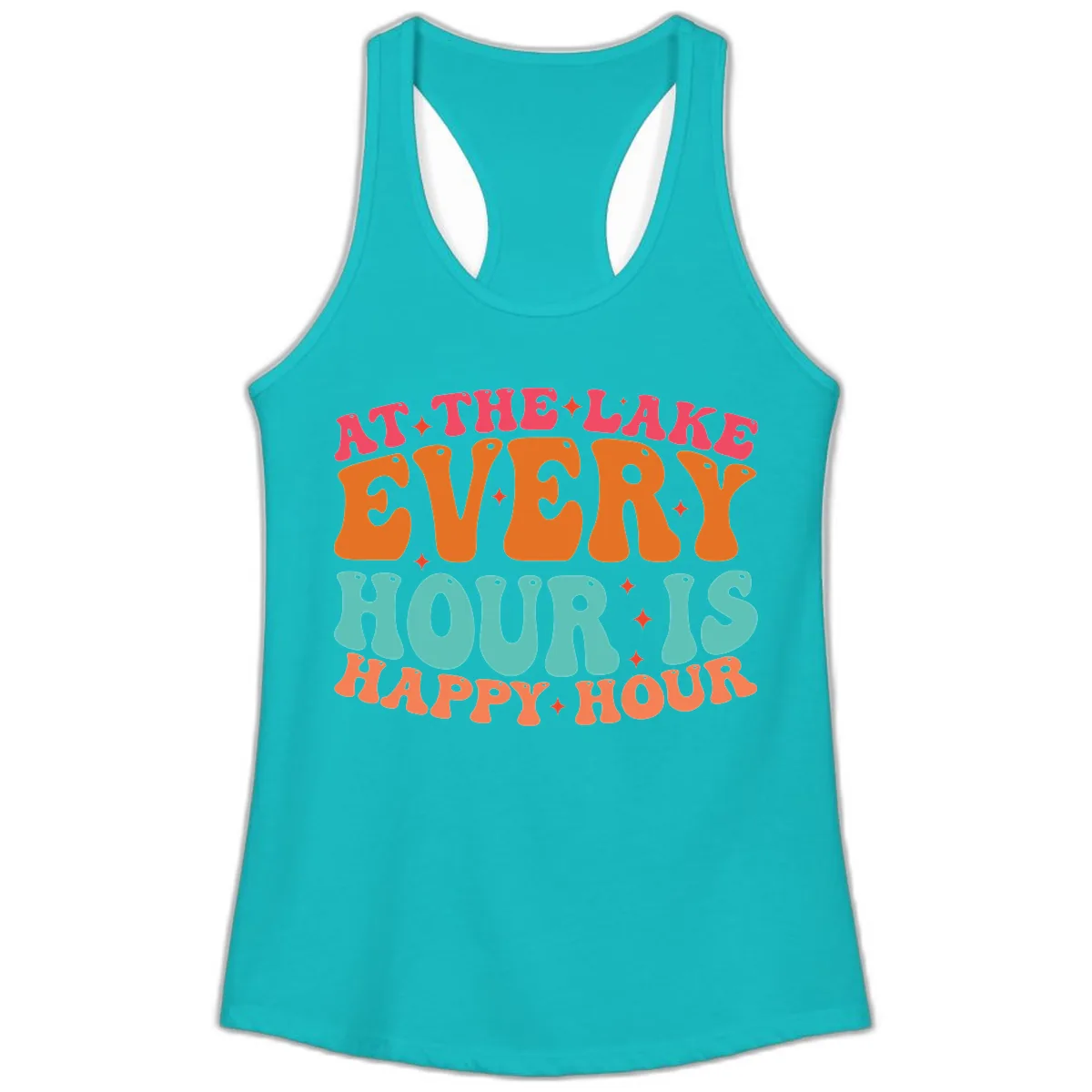 Every Hour Is Happy Hour Lake Design Ladies Tank in Tahiti Blue