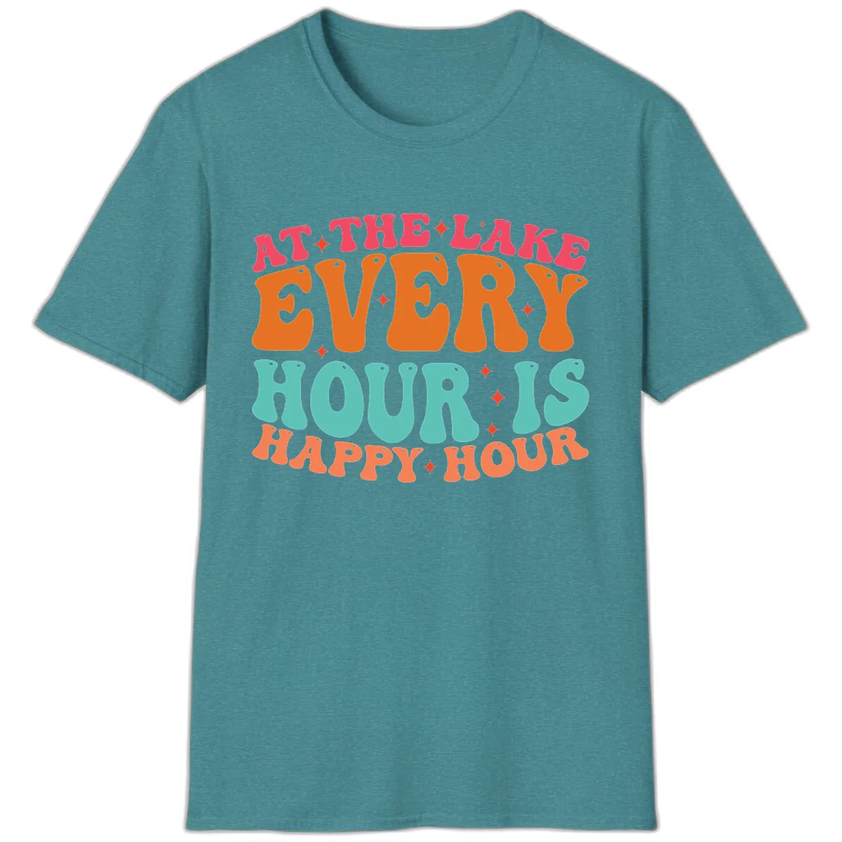 Every Hour Is Happy Hour Lake Design T-Shirt in Heather Galapagos Blue