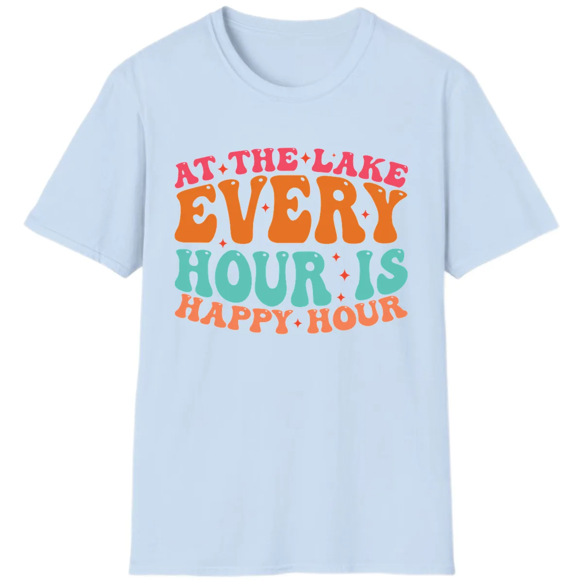 Every Hour Is Happy Hour Lake Design T-Shirt in Light Blue