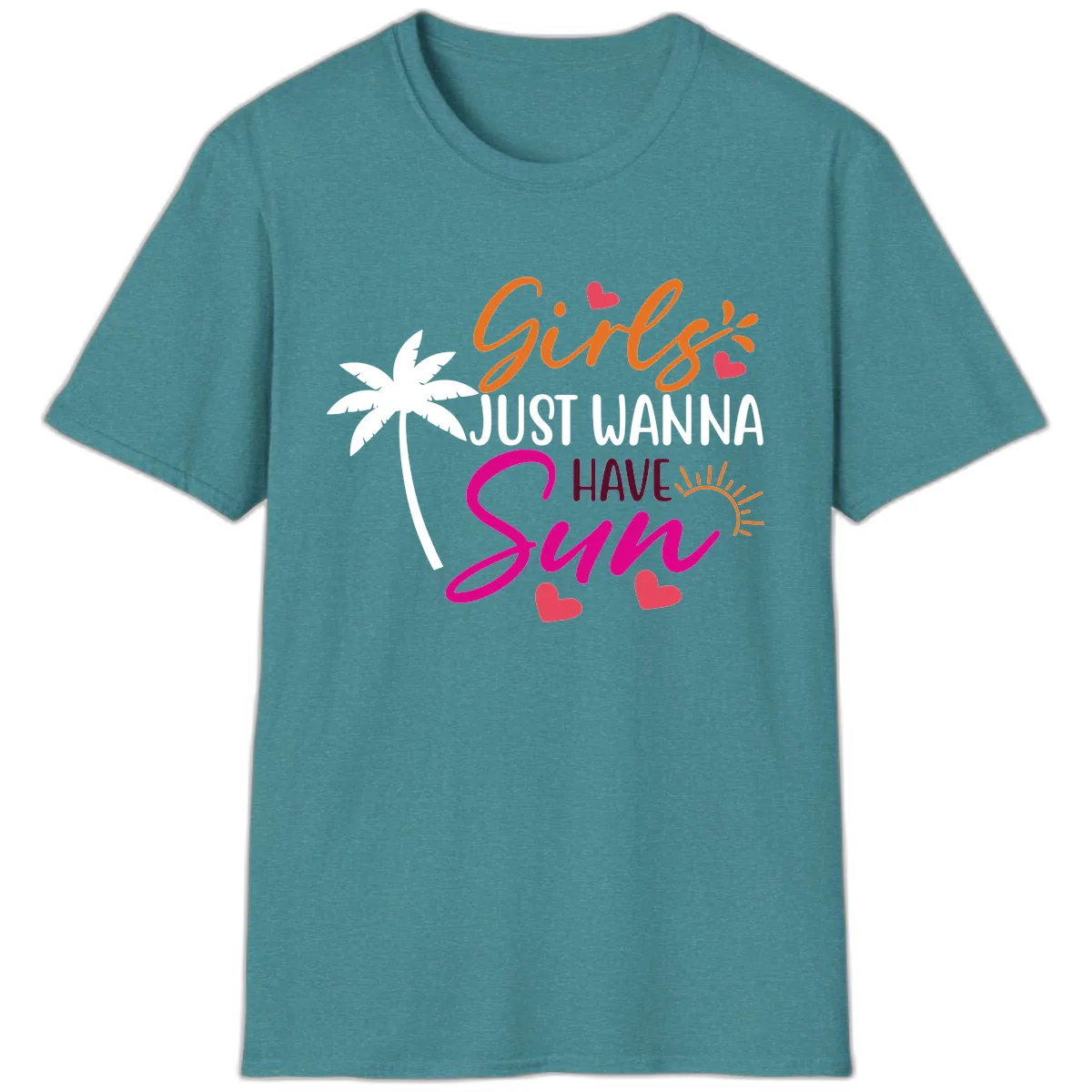 Girls Just Wanna Have Sun Design T-Shirt in Heather Galapagos Blue