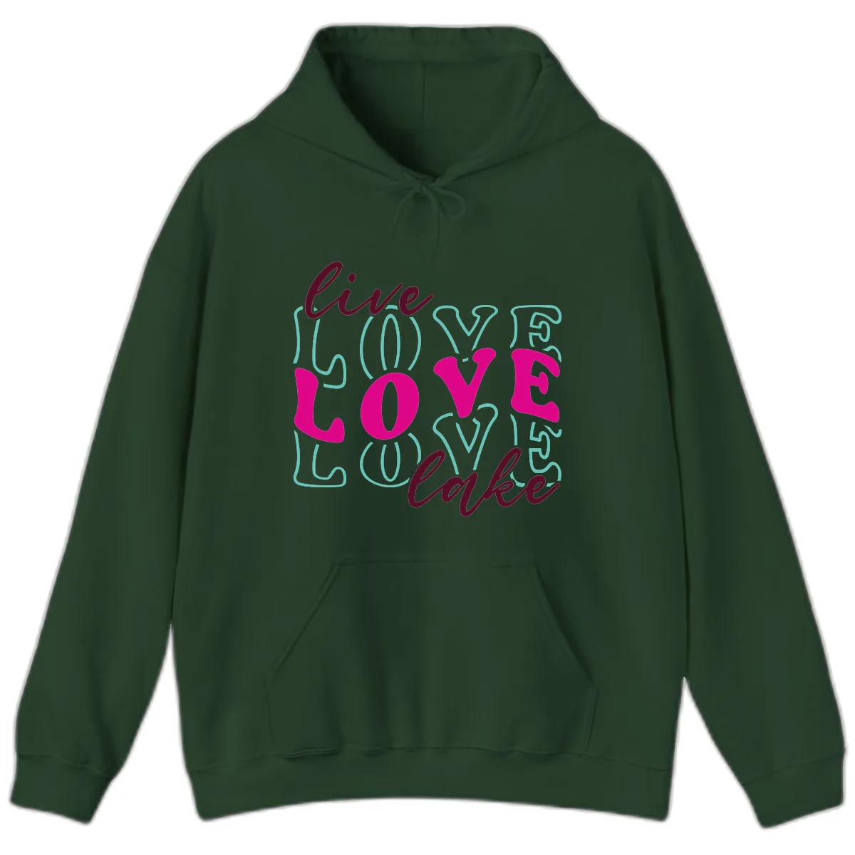 Live Love Lake Typography Design Hoodie in Forest Green