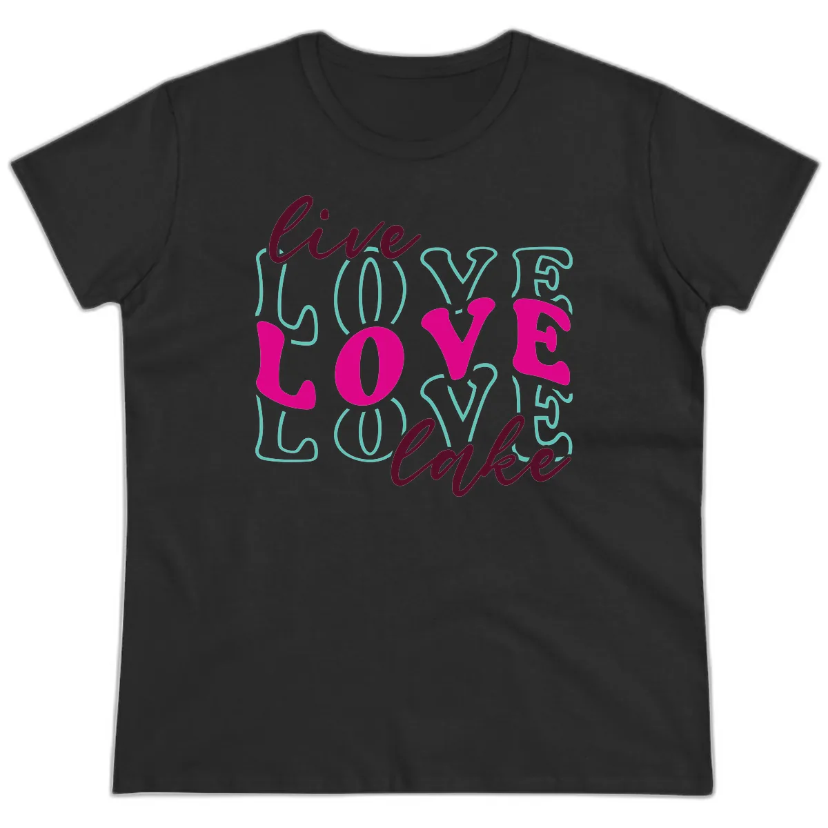 Live Love Lake Typography Design Ladies Tee in Black