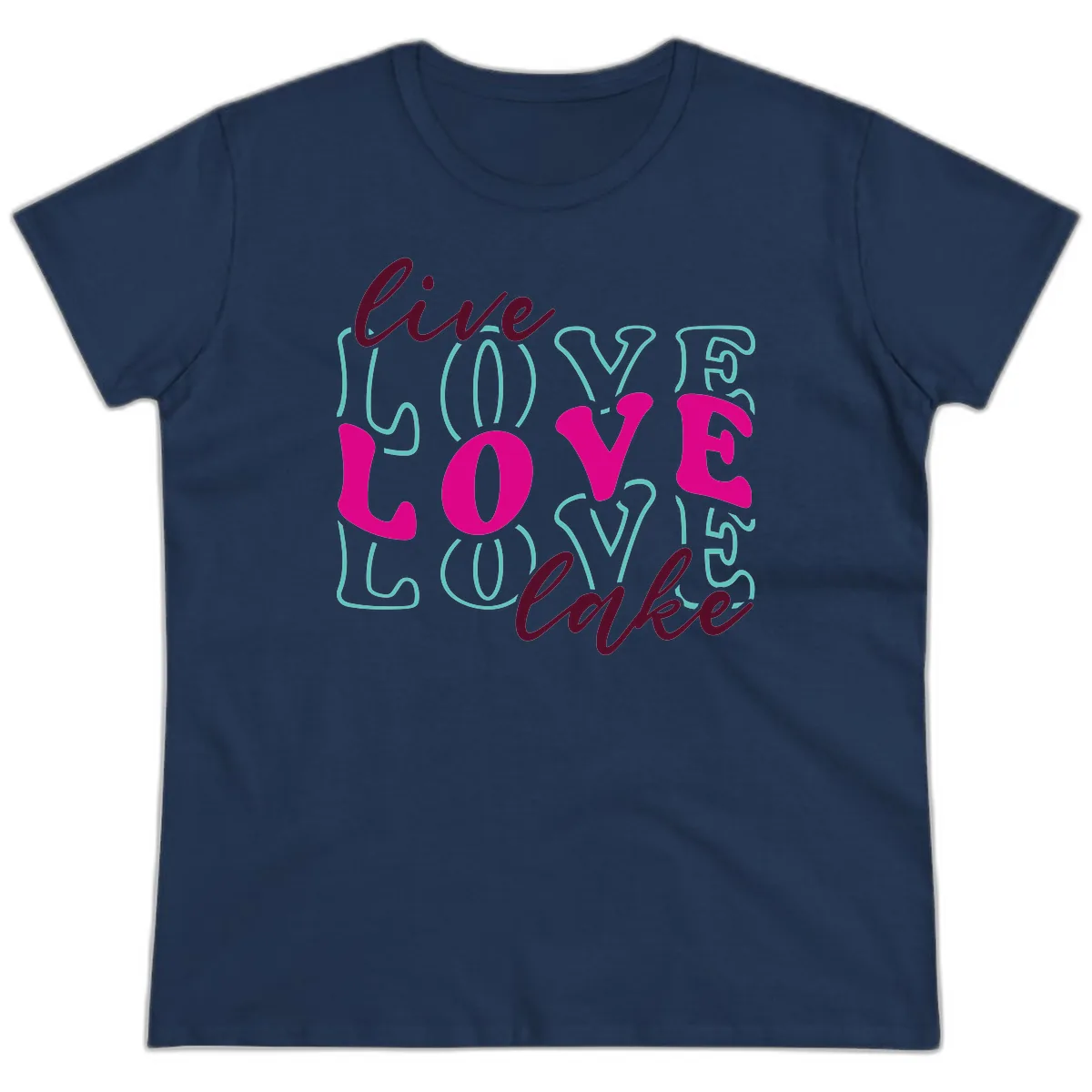 Live Love Lake Typography Design Ladies Tee in Navy