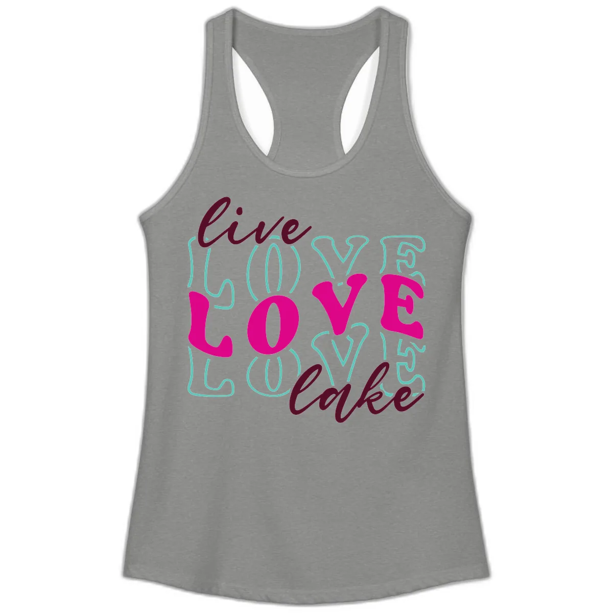 Live Love Lake Typography Design Ladies Tank in Heather Grey
