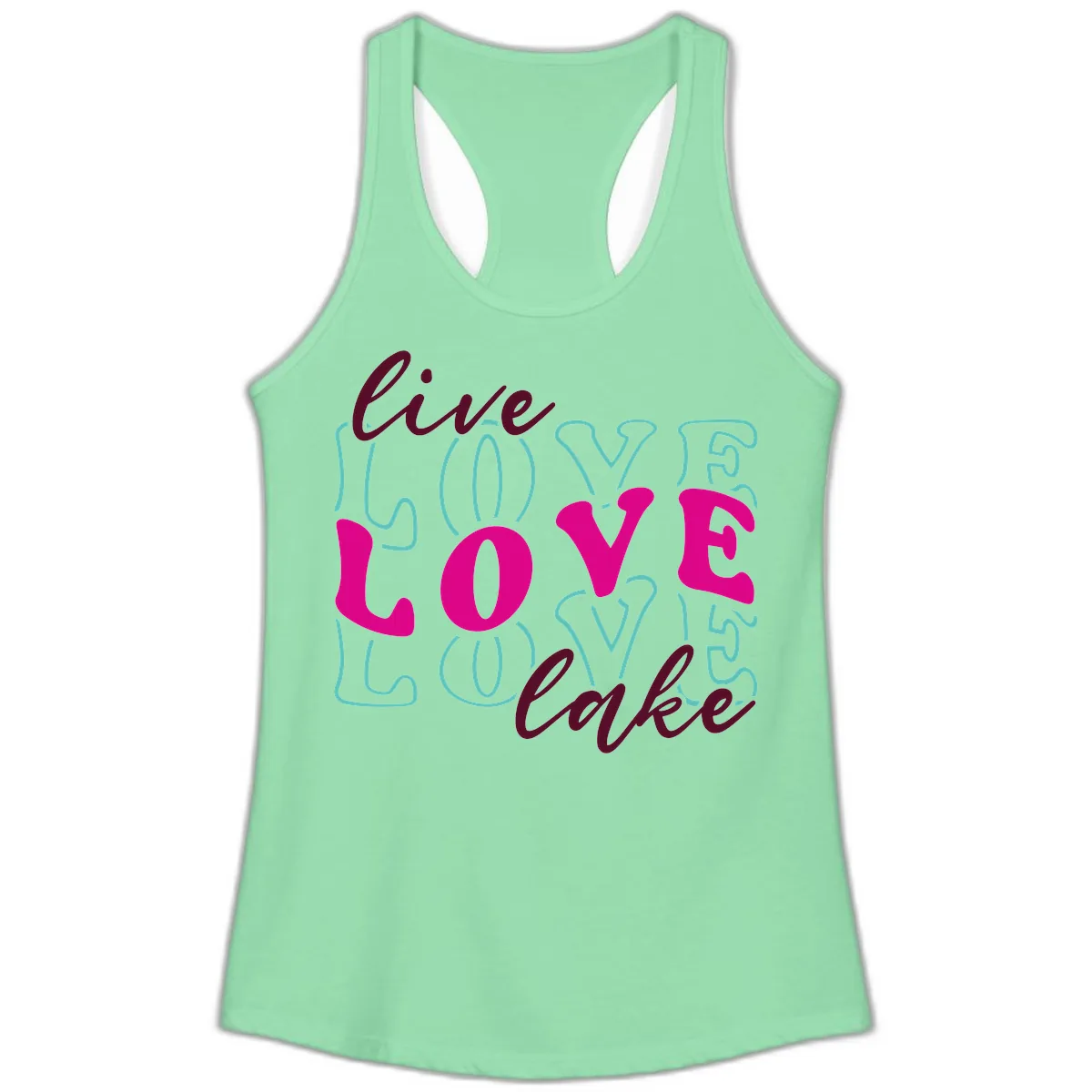 Live Love Lake Typography Design Ladies Tank in Solid Mint