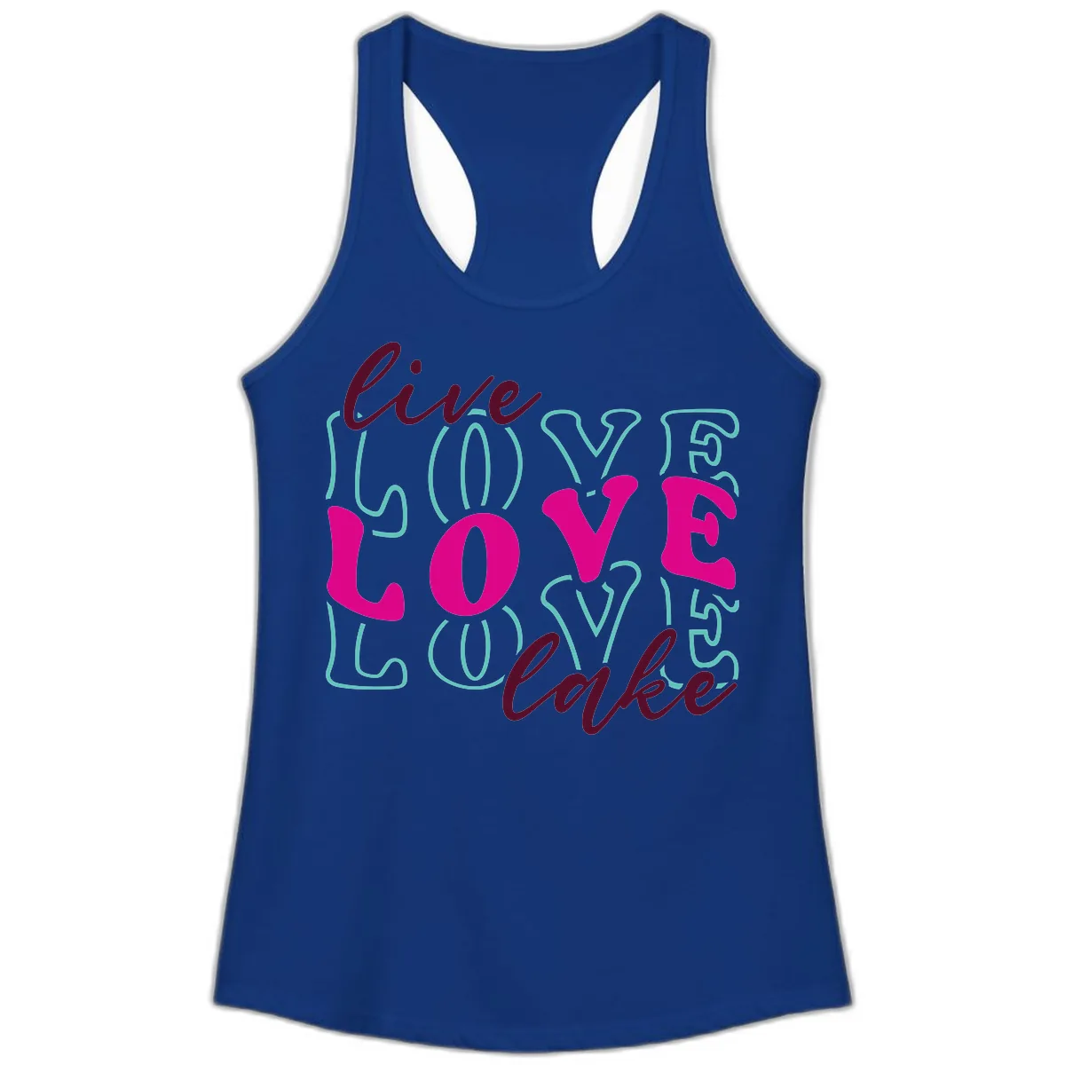 Live Love Lake Typography Design Ladies Tank in Solid Royal