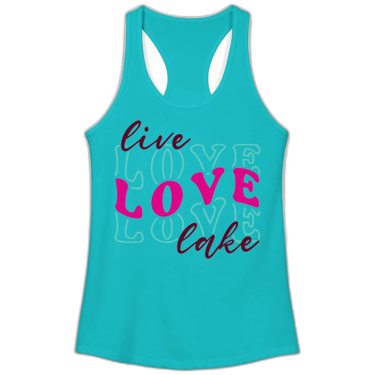 Live Love Lake Typography Design Ladies Tank in Tahiti Blue