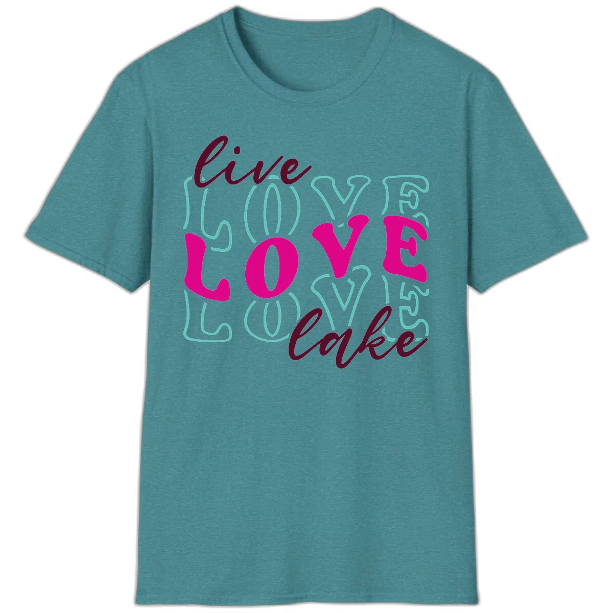 Live Love Lake Typography Design T-Shirt in Heather Galapagos Blue