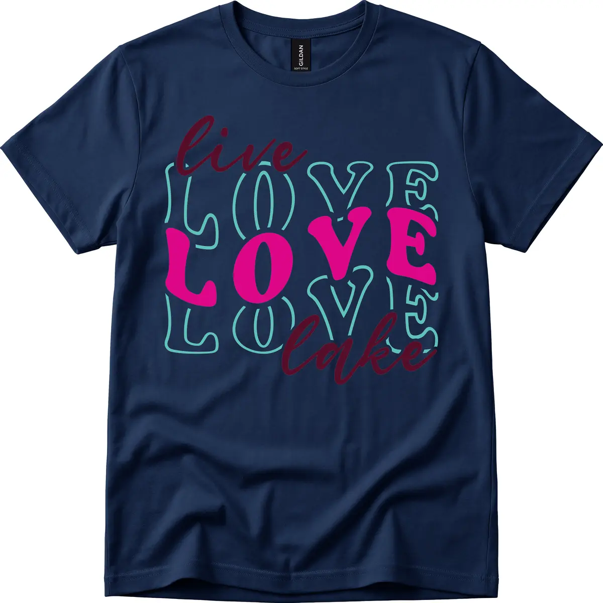 Live Love Lake Typography Design T-Shirt in Navy