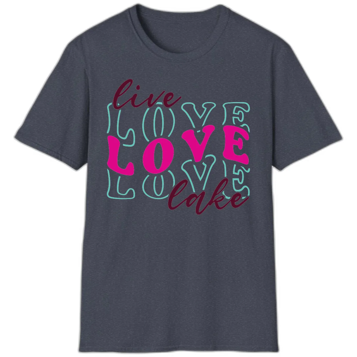 Live Love Lake Typography Design T-Shirt in Heather Navy