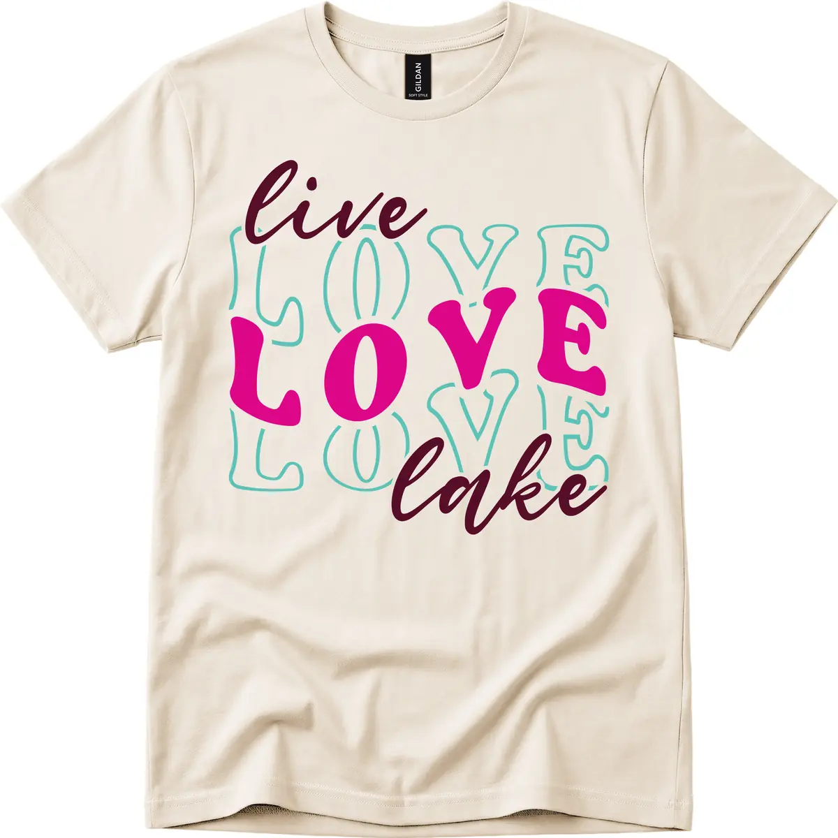 Live Love Lake Typography Design T-Shirt in Natural