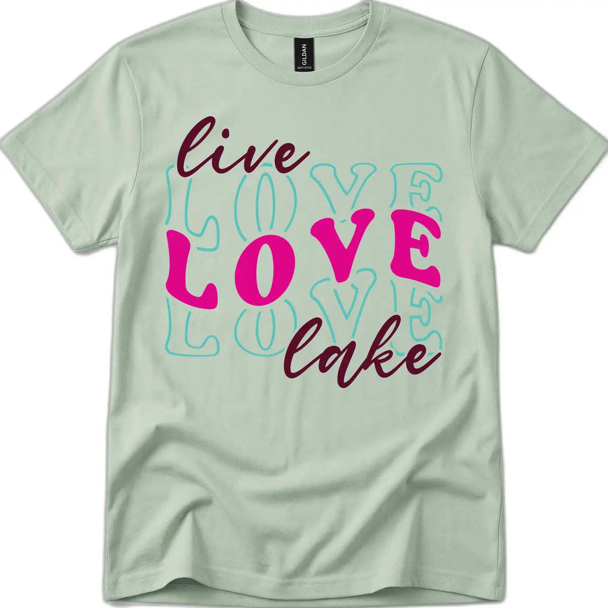 Live Love Lake Typography Design T-Shirt in Sage