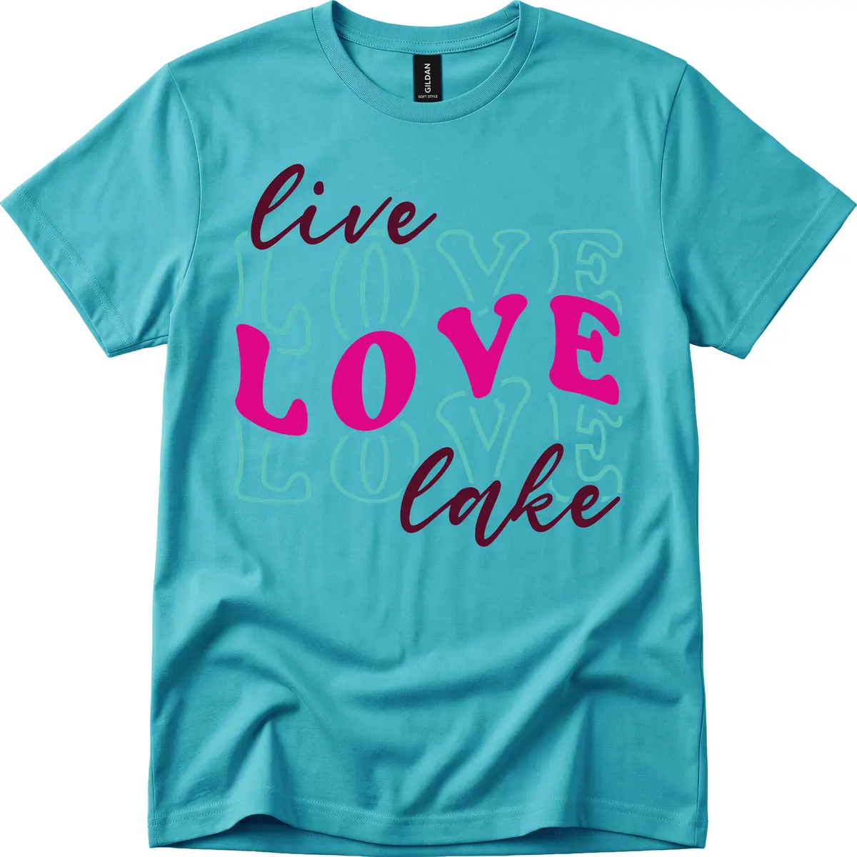 Live Love Lake Typography Design T-Shirt in Tropical Blue