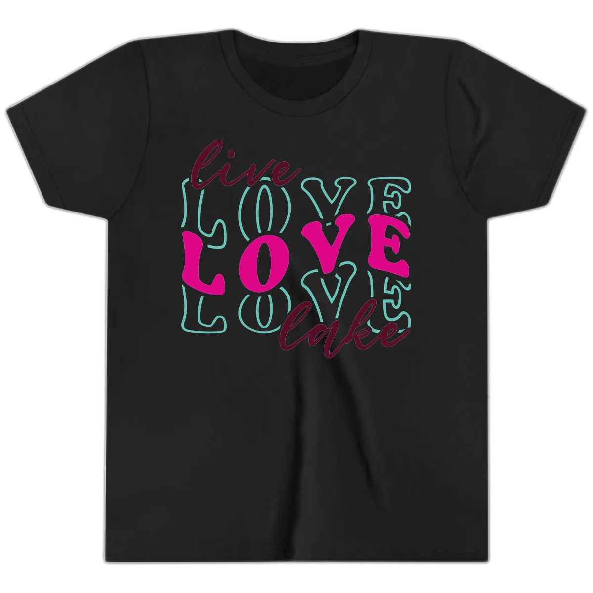 Live Love Lake Typography Design Youth T-Shirt in Black