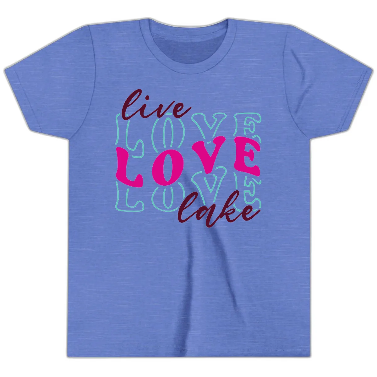 Live Love Lake Typography Design Youth T-Shirt in Heather Columbia Blue