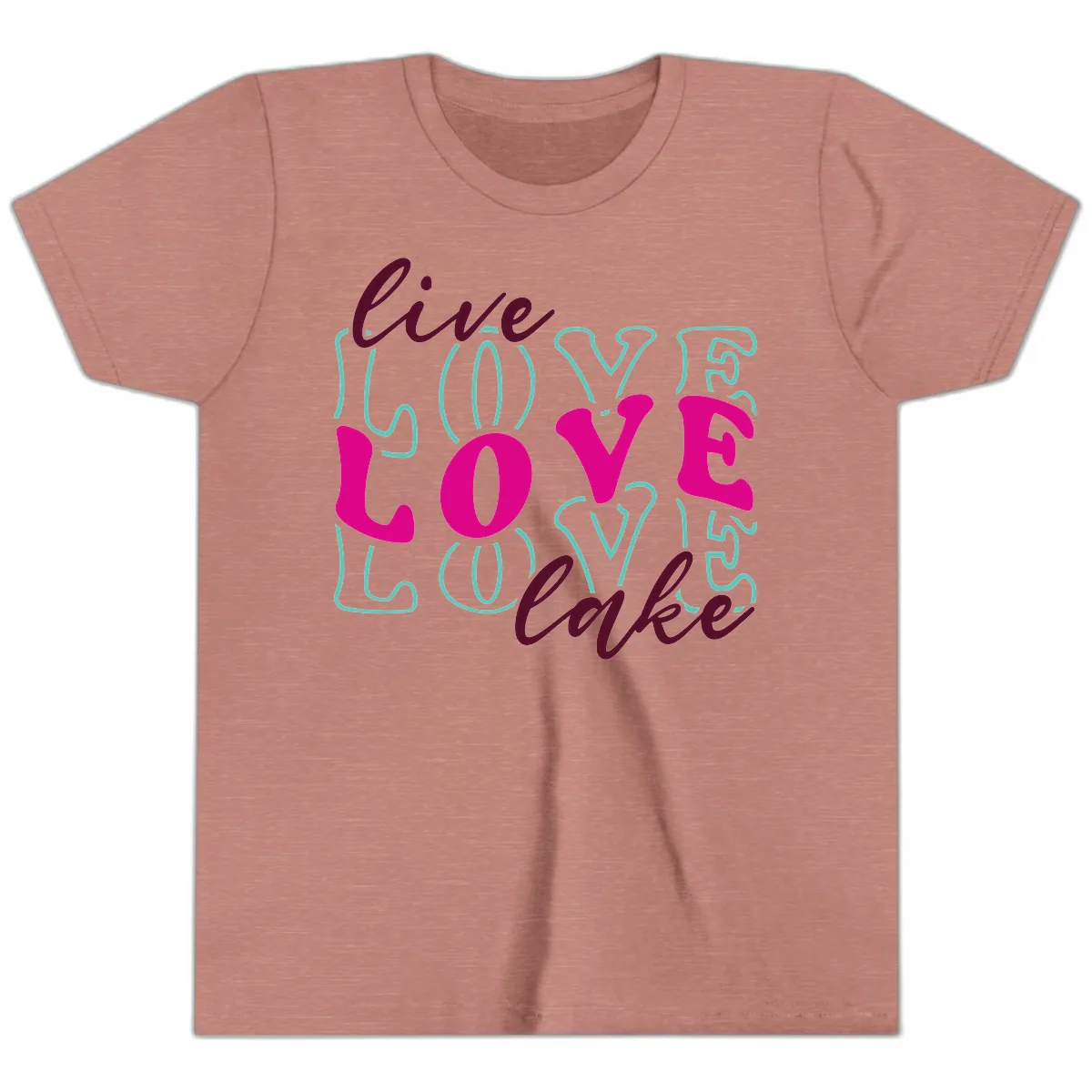 Live Love Lake Typography Design Youth T-Shirt in Heather Mauve