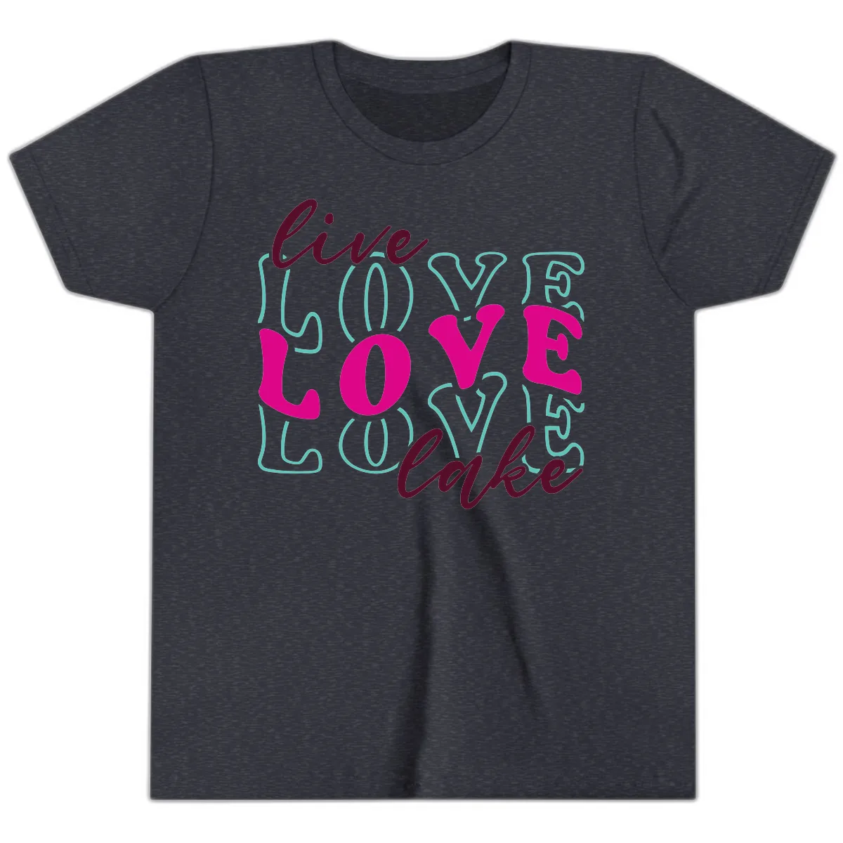 Live Love Lake Typography Design Youth T-Shirt in Heather Navy