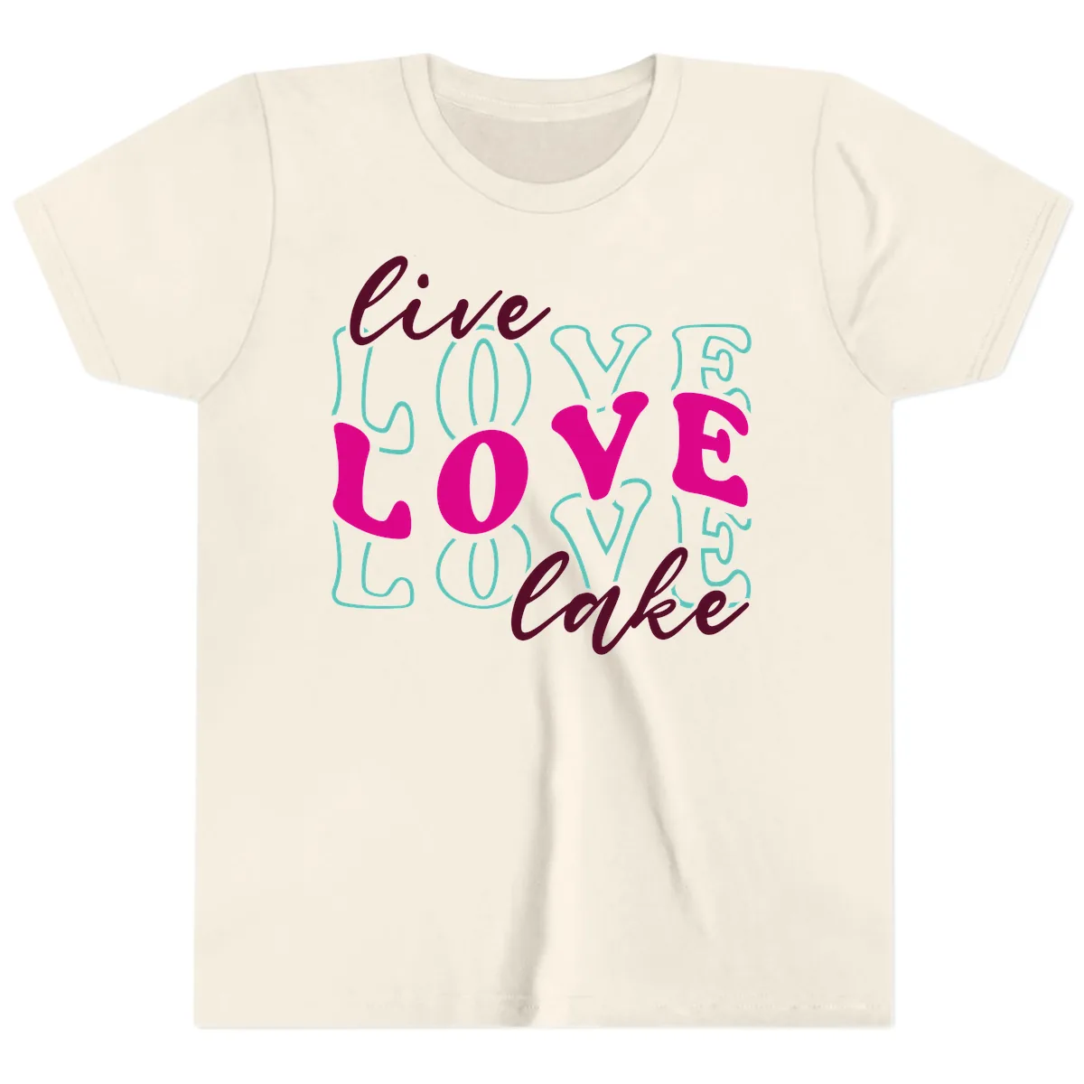 Live Love Lake Typography Design Youth T-Shirt in Natural