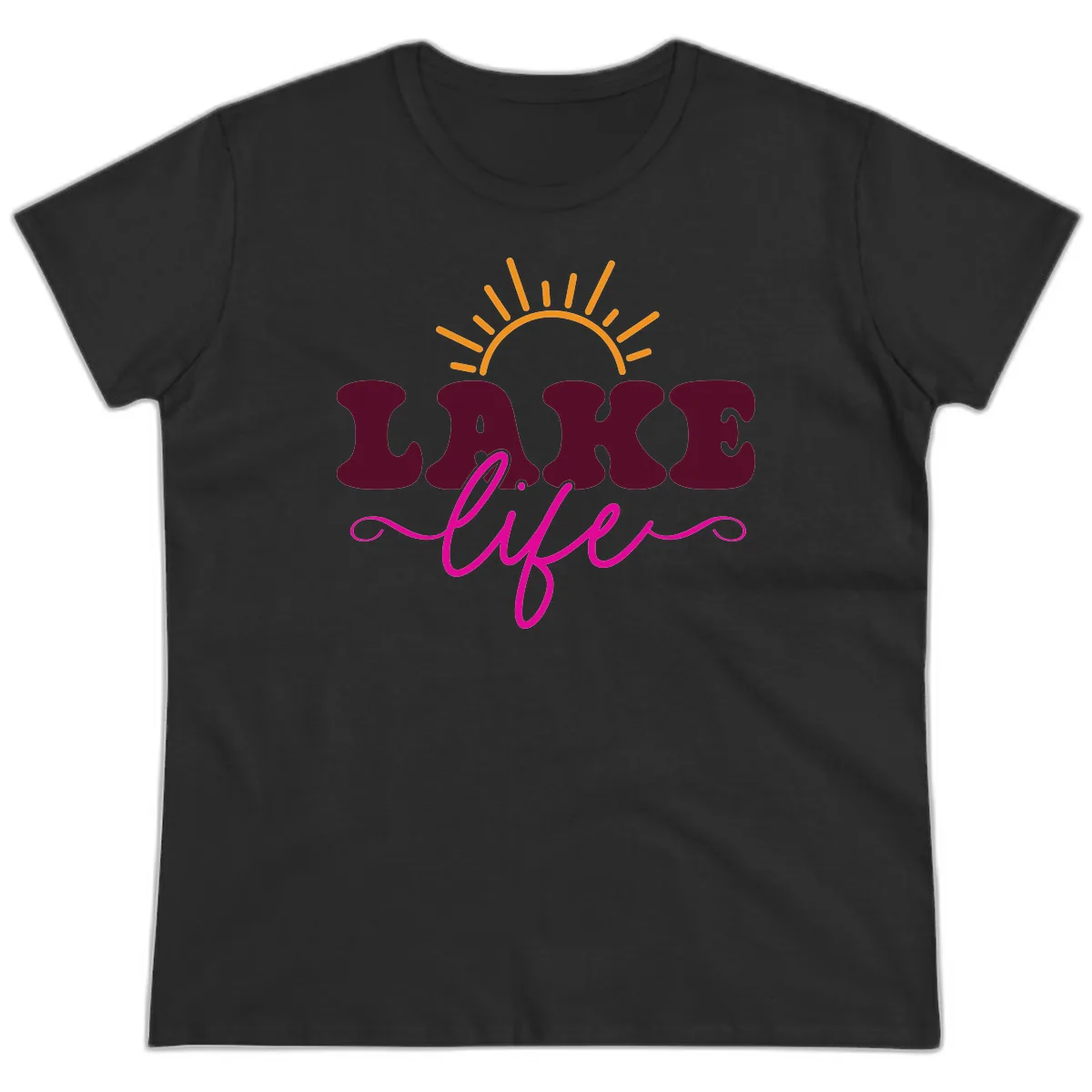 Retro Lake Life Sun Design Ladies Tee in Black
