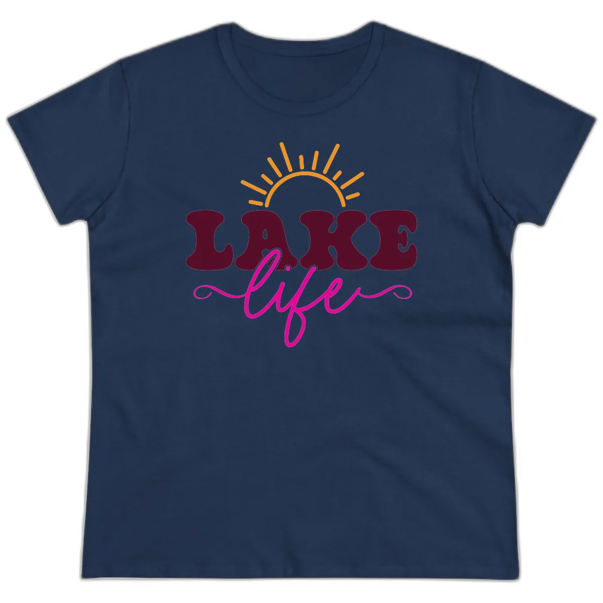 Retro Lake Life Sun Design Ladies Tee in Navy