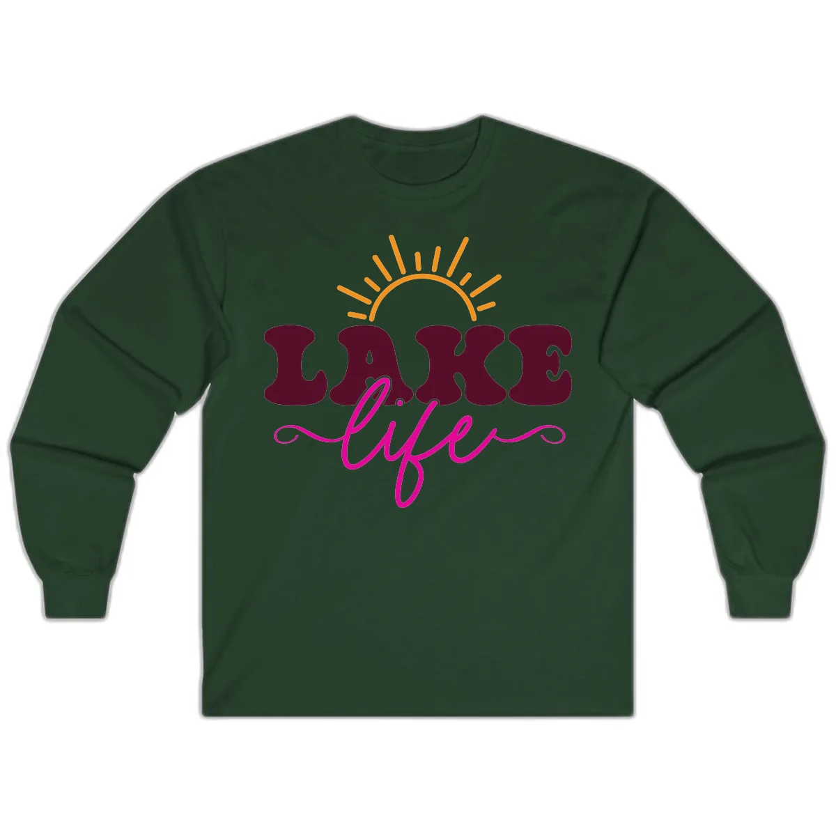 Retro Lake Life Sun Design Long Sleeve in Forest Green