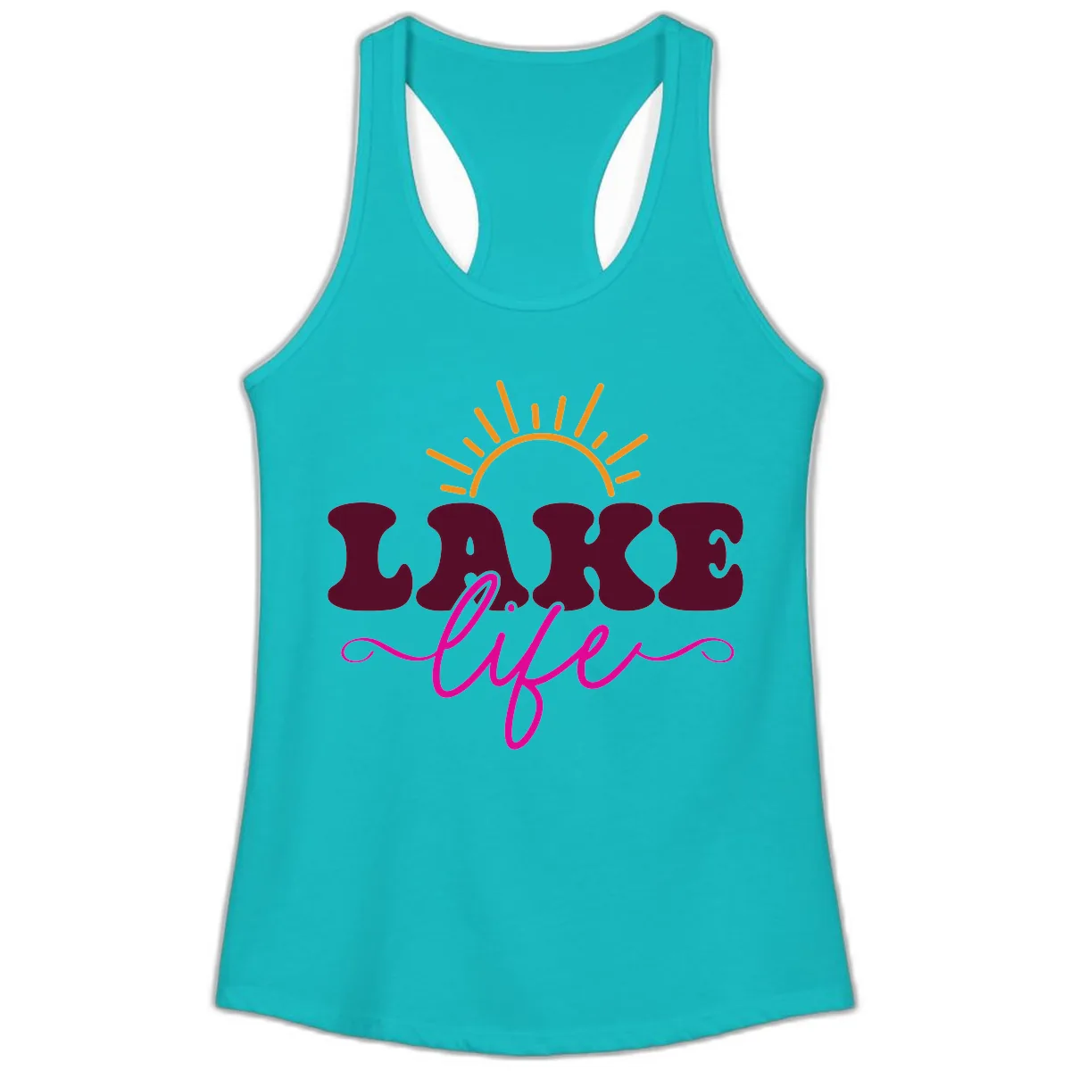 Retro Lake Life Sun Design Ladies Tank in Tahiti Blue