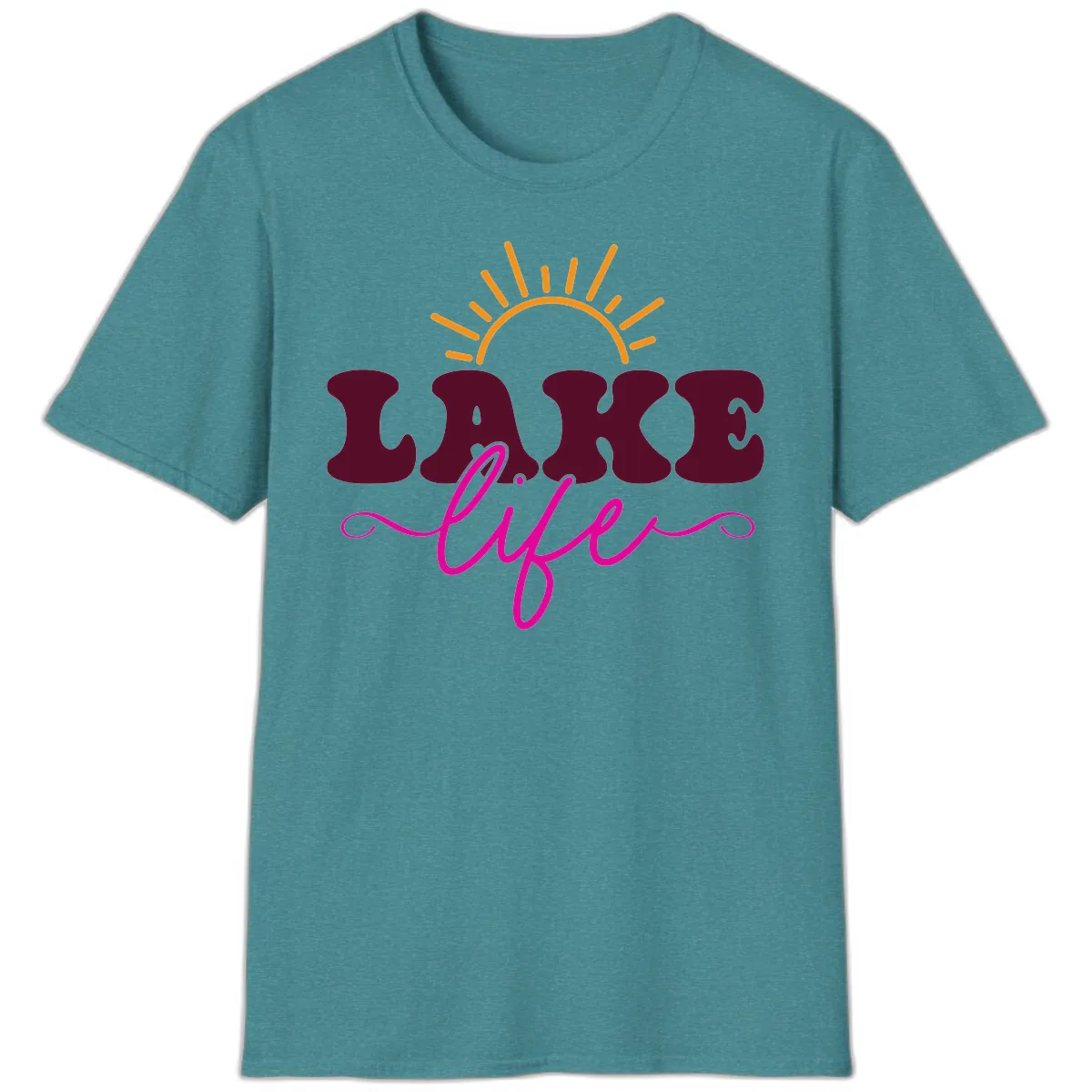 Retro Lake Life Sun Design T-Shirt in Heather Galapagos Blue