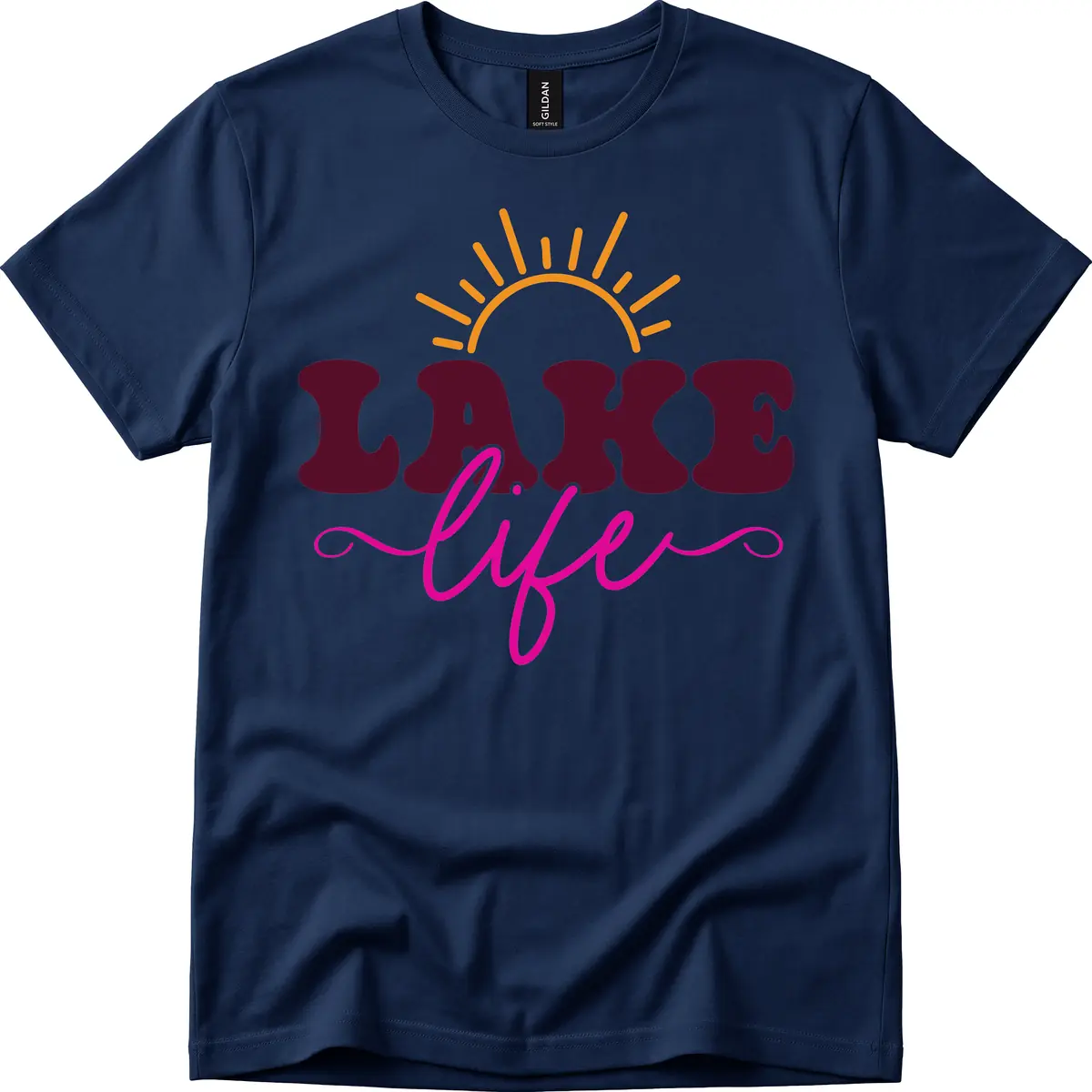 Retro Lake Life Sun Design T-Shirt in Navy