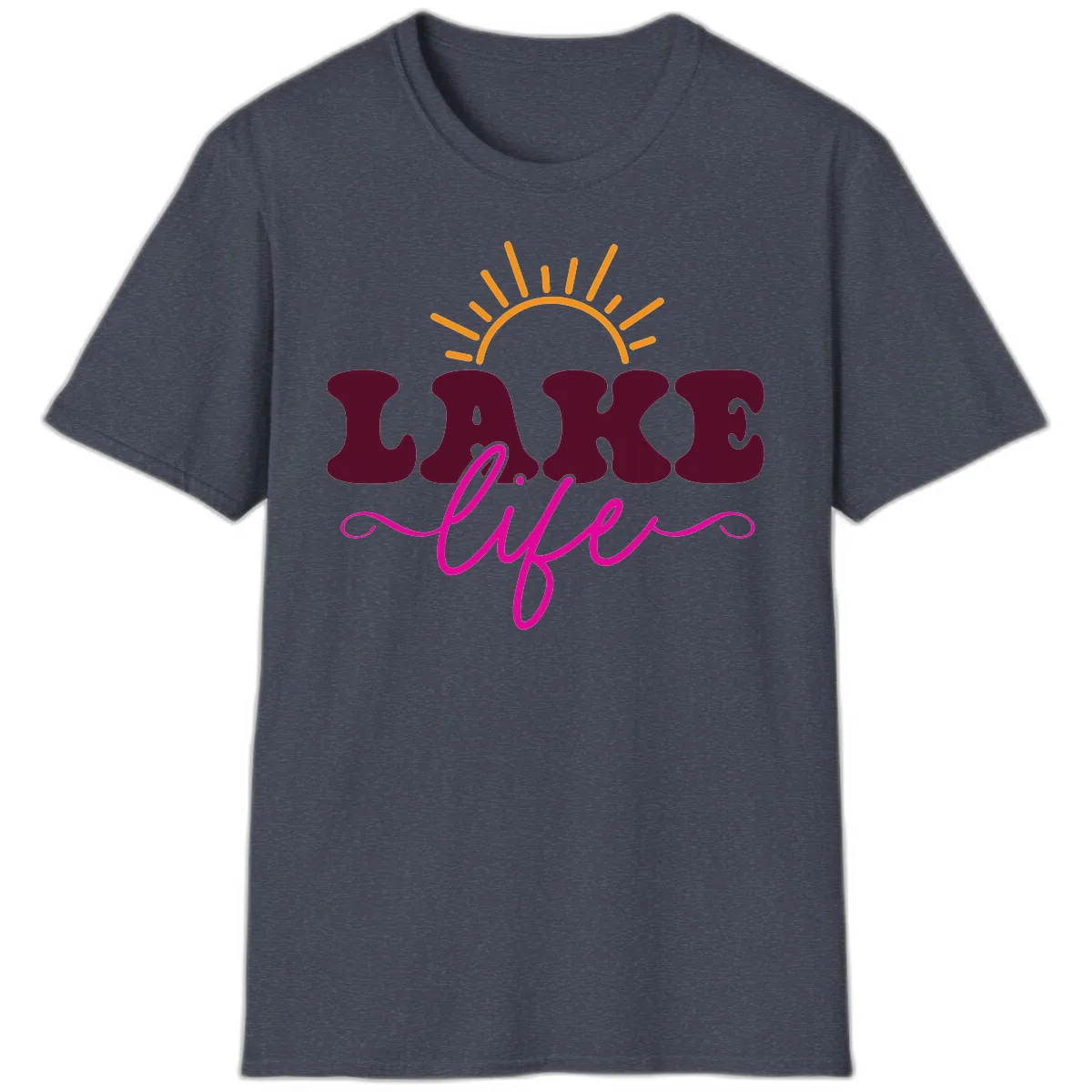 Retro Lake Life Sun Design T-Shirt in Heather Navy