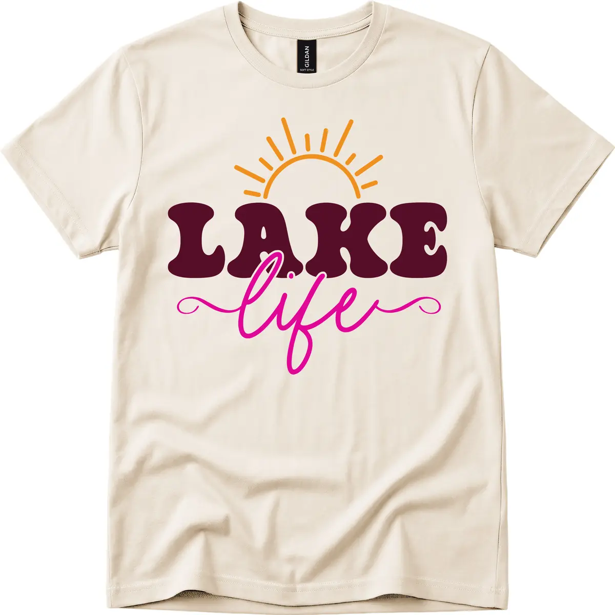 Retro Lake Life Sun Design T-Shirt in Natural