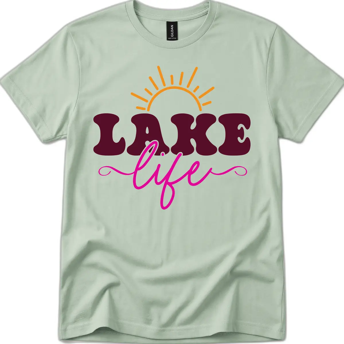Retro Lake Life Sun Design T-Shirt in Sage