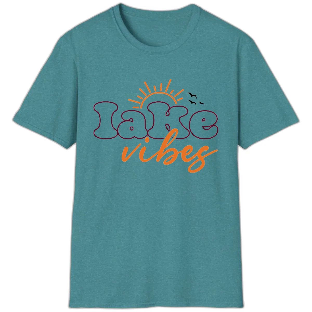 Lake Vibes Typography Design T-Shirt in Heather Galapagos Blue