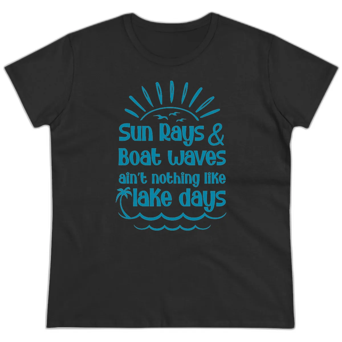 Sun Rays Boat Waves Lake Days Ladies Tee in Black