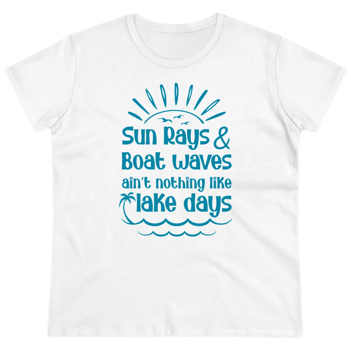 Sun Rays Boat Waves Lake Days Ladies Tee in White