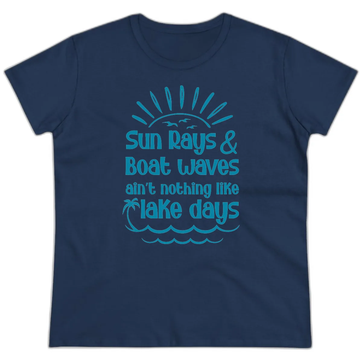 Sun Rays Boat Waves Lake Days Ladies Tee in Navy