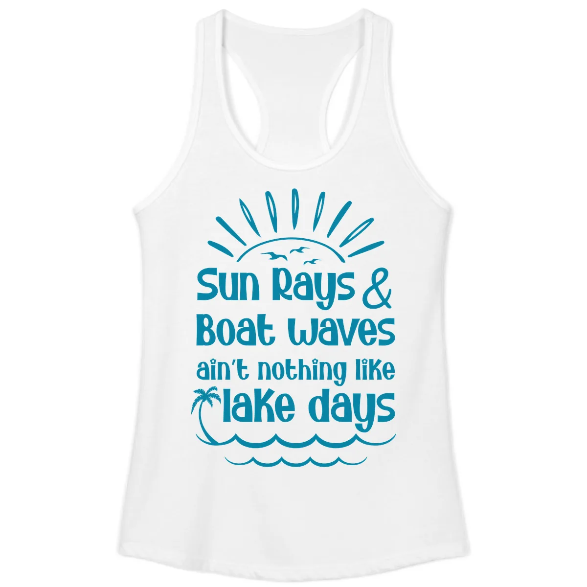 Sun Rays Boat Waves Lake Days Ladies Tank in White