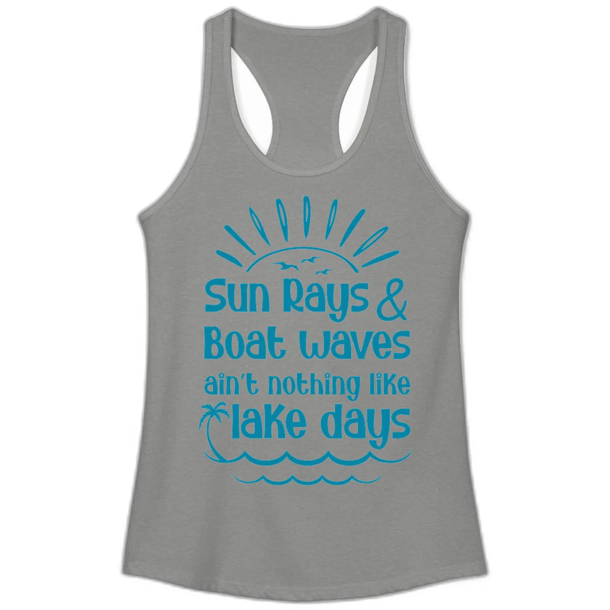 Sun Rays Boat Waves Lake Days Ladies Tank in Heather Grey