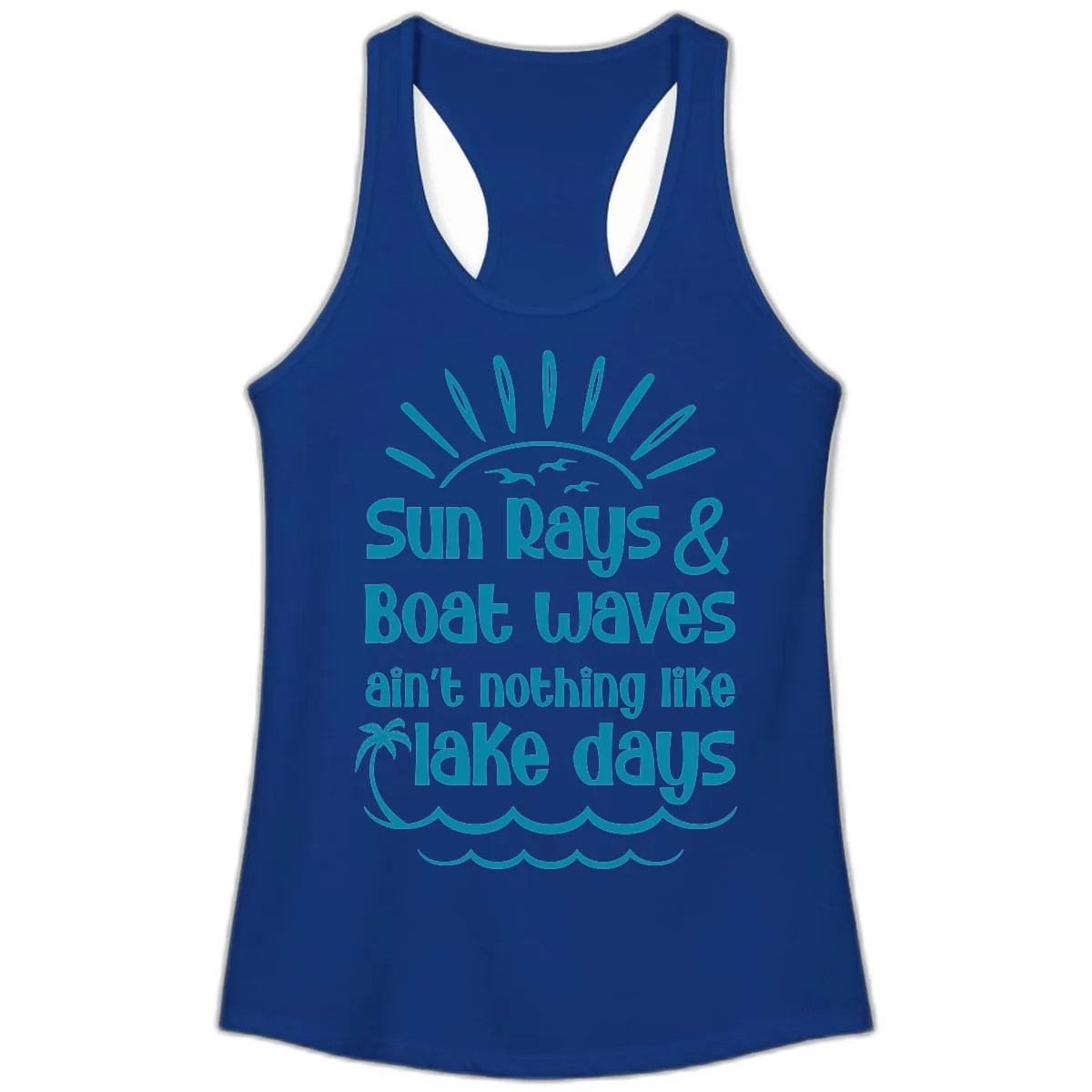 Sun Rays Boat Waves Lake Days Ladies Tank in Solid Royal