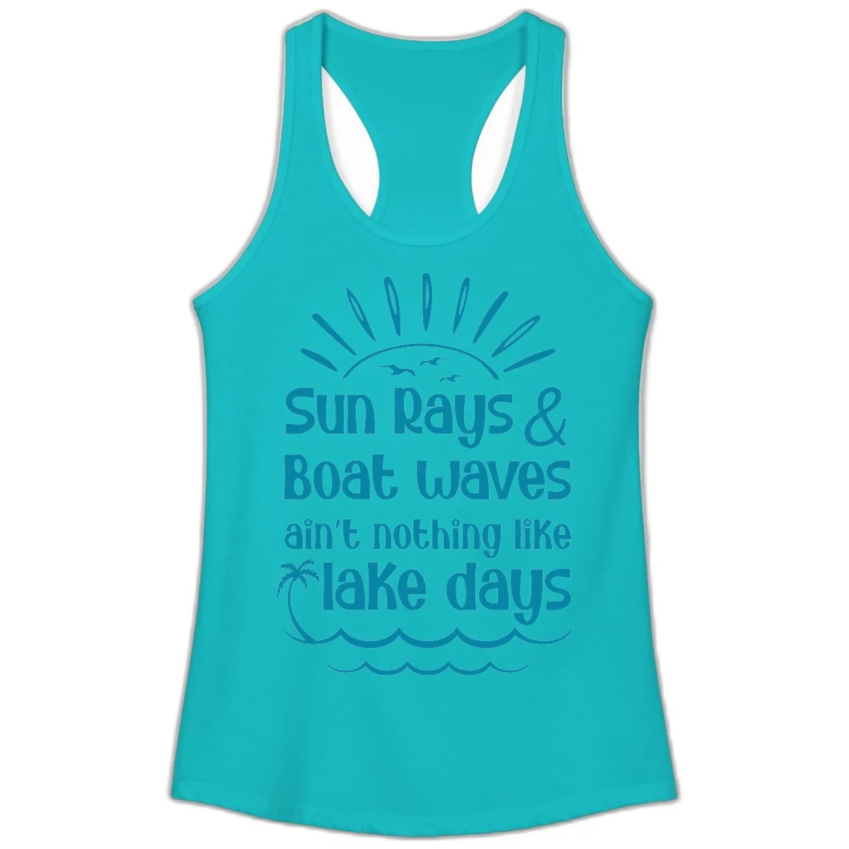 Sun Rays Boat Waves Lake Days Ladies Tank in Tahiti Blue