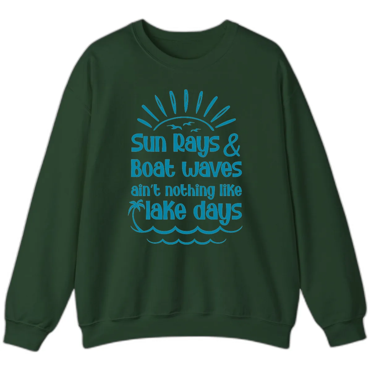 Sun Rays Boat Waves Lake Days Sweatshirt in Forest Green