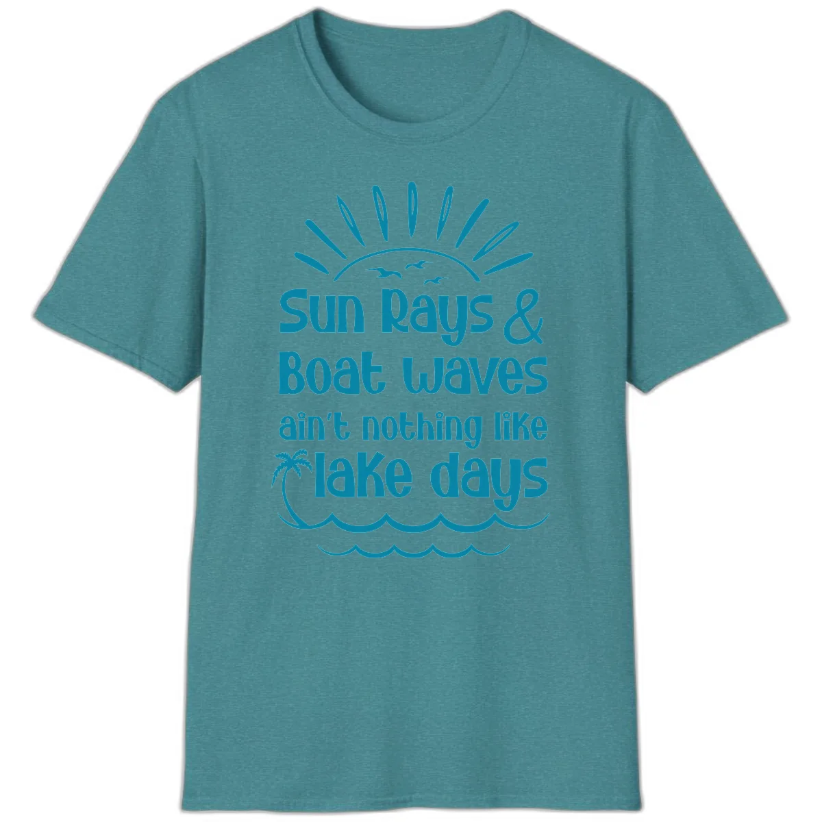 Sun Rays Boat Waves Lake Days T-Shirt in Heather Galapagos Blue